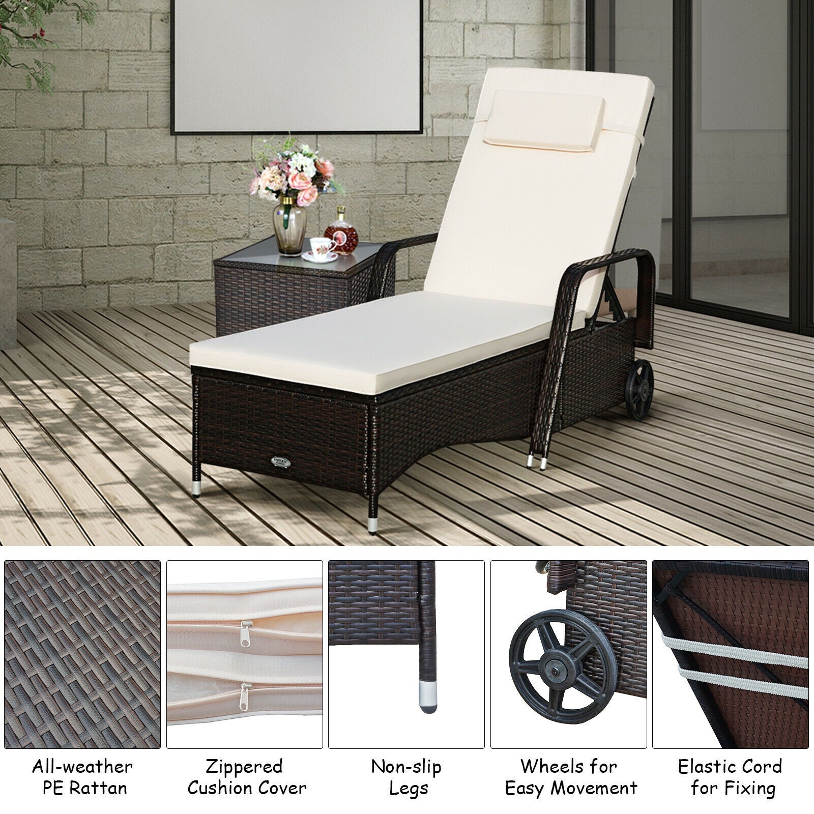 Living space with Adjustable Outdoor Chaise Lounge Chair with Cushions - 6 Positions, Weatherproof Rattan, Wheels, displaying its aesthetic appeal next to decorative elements.