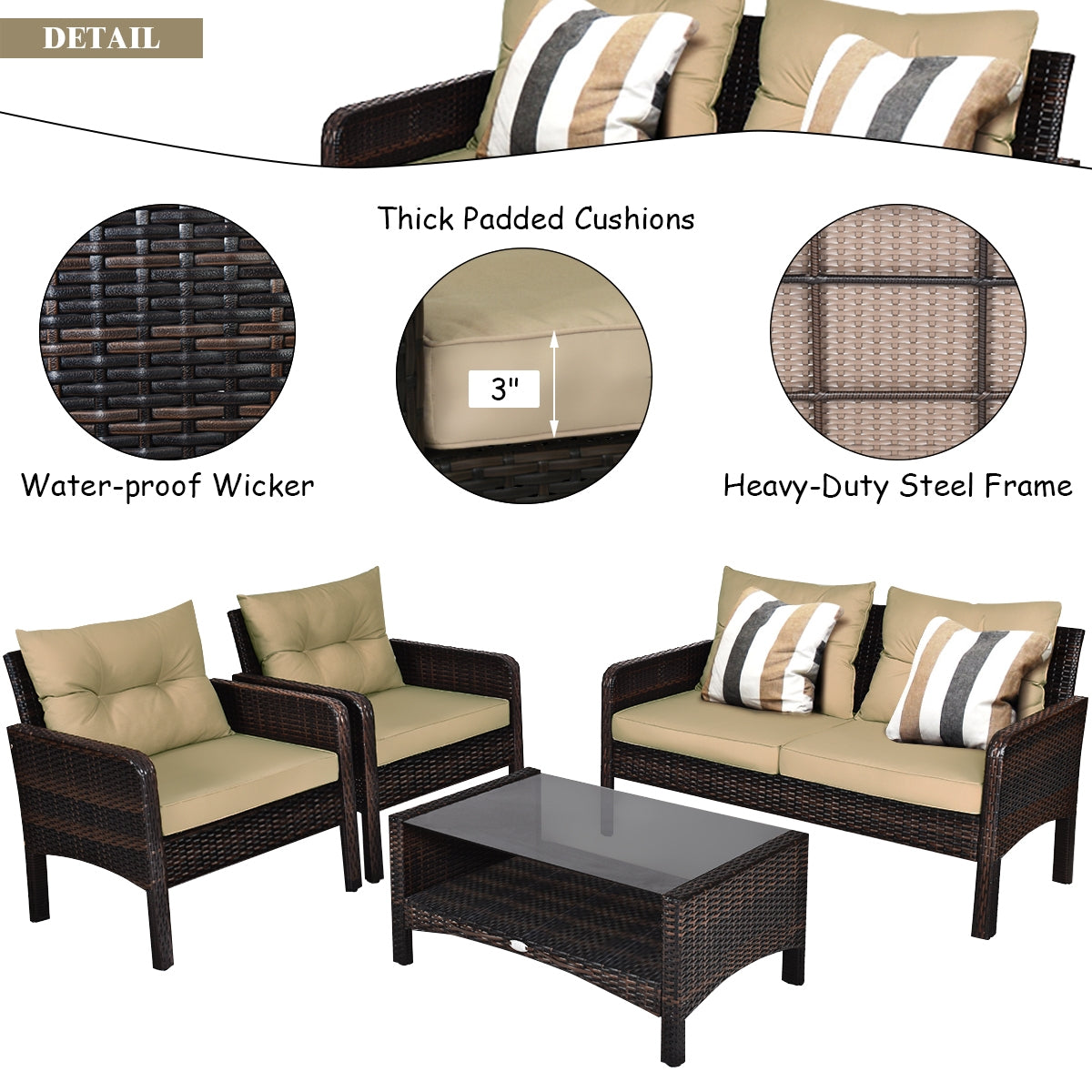 4-Piece Outdoor Rattan Furniture Set with Cushions, showcasing a cozy loveseat, two single sofas, and a coffee table with thick padded cushions, waterproof wicker, and a heavy-duty steel frame for durability.