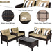4-Piece Outdoor Rattan Furniture Set with Cushions, showcasing a cozy loveseat, two single sofas, and a coffee table with thick padded cushions, waterproof wicker, and a heavy-duty steel frame for durability.