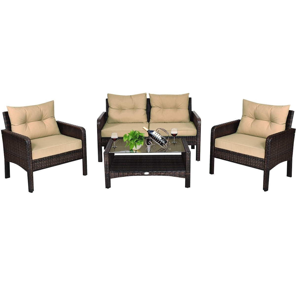 4-Piece Outdoor Rattan Furniture Set with Cushions, Loveseat, 2 Single Sofas & Coffee Table. Stylish brown rattan furniture arrangement with beige cushions.