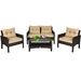 4-Piece Outdoor Rattan Furniture Set with Cushions, Loveseat, 2 Single Sofas & Coffee Table. Stylish brown rattan furniture arrangement with beige cushions.