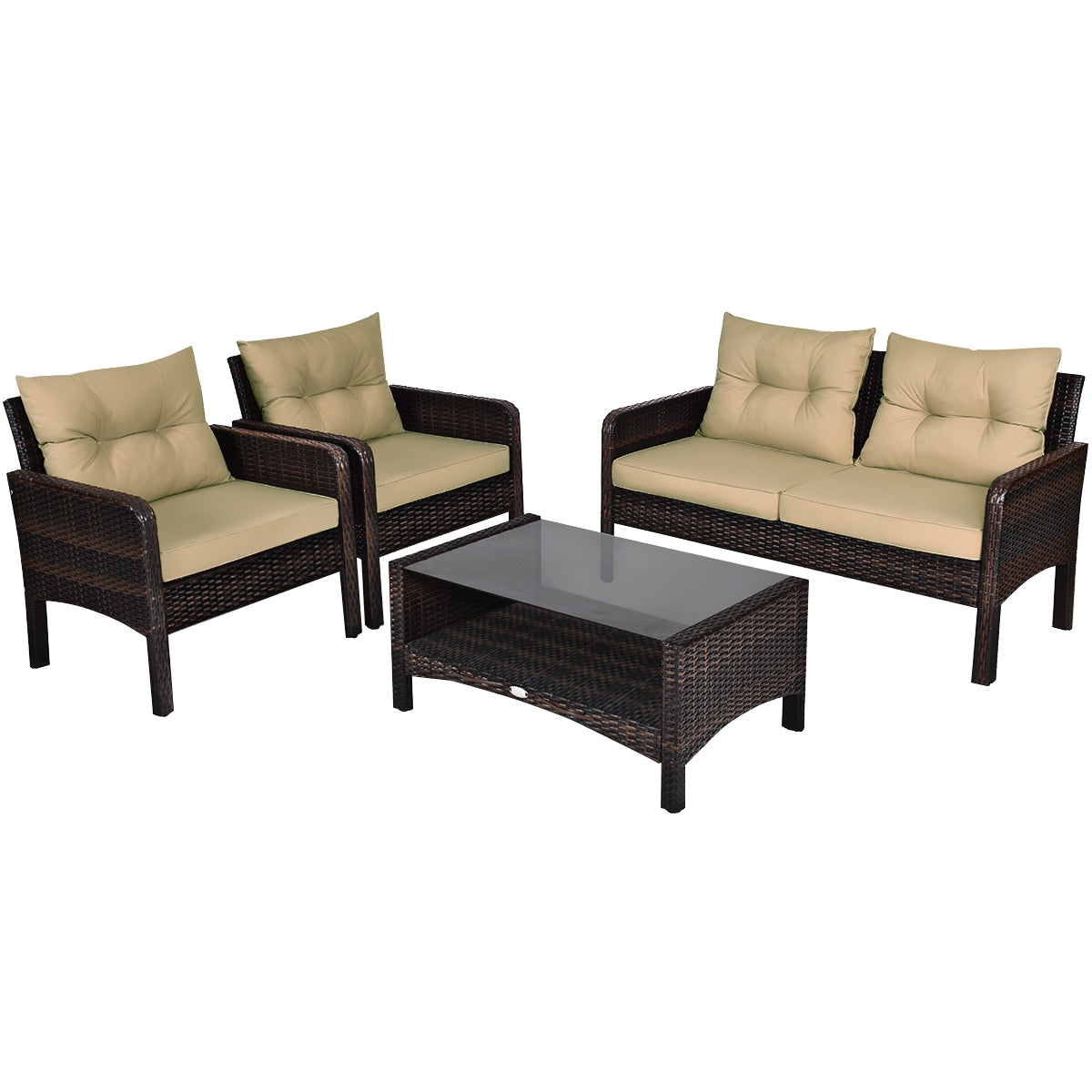 4-Piece Outdoor Rattan Furniture Set with Cushions, Loveseat, 2 Single Sofas & Coffee Table displayed against a clean white background, showcasing its modern design.