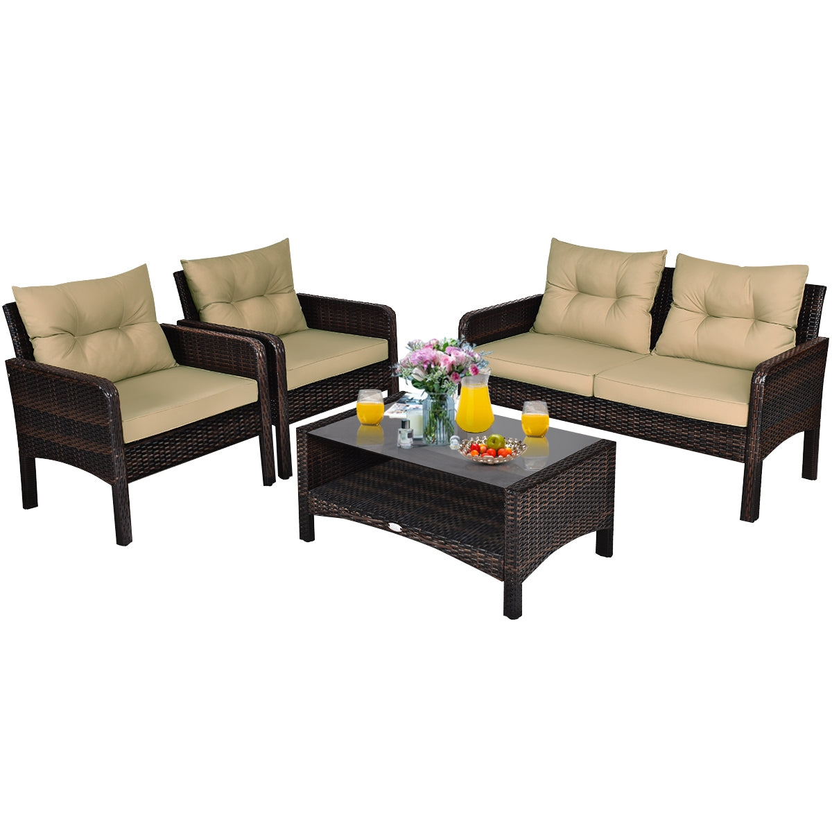 4-Piece Outdoor Rattan Furniture Set with Cushions arranged with beverages and snacks on the coffee table, perfect for outdoor entertaining.