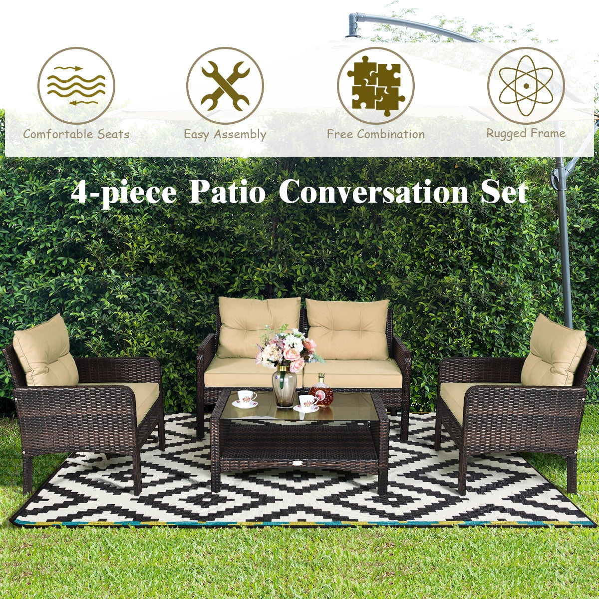 4-Piece Outdoor Rattan Furniture Set with Cushions highlighted with icons indicating comfort, easy assembly, and a rugged frame.