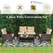 4-Piece Outdoor Rattan Furniture Set with Cushions highlighted with icons indicating comfort, easy assembly, and a rugged frame.