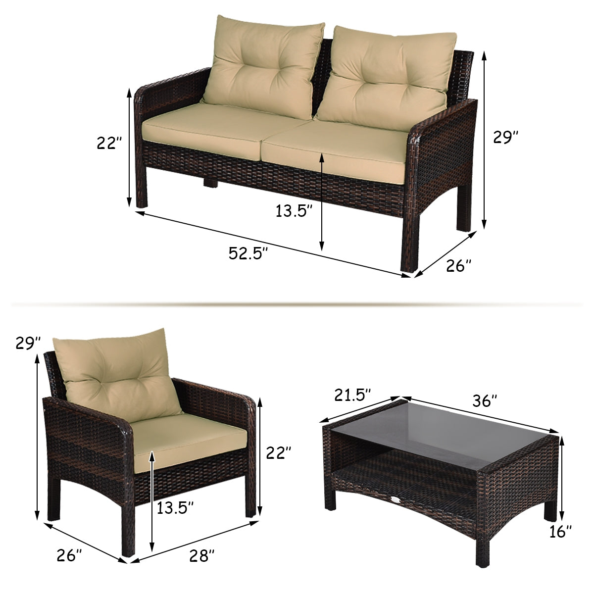 Dimensions of 4-Piece Outdoor Rattan Furniture Set with Cushions, featuring loveseat and single sofas with measurements displayed.