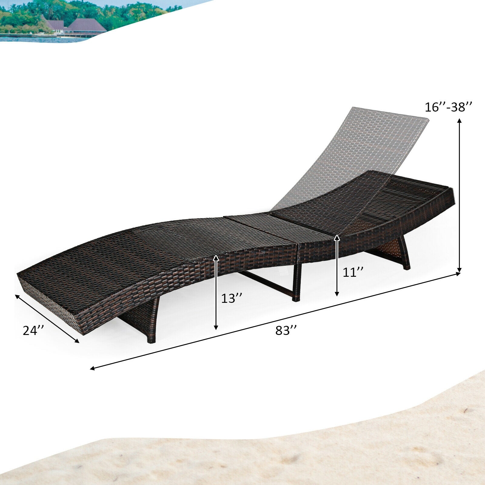 Folding Adjustable Rattan Chaise Lounge Chair with Thick Cushion - Turquoise, 5-Level Recline, 400 lbs Capacity features measurements and design details.