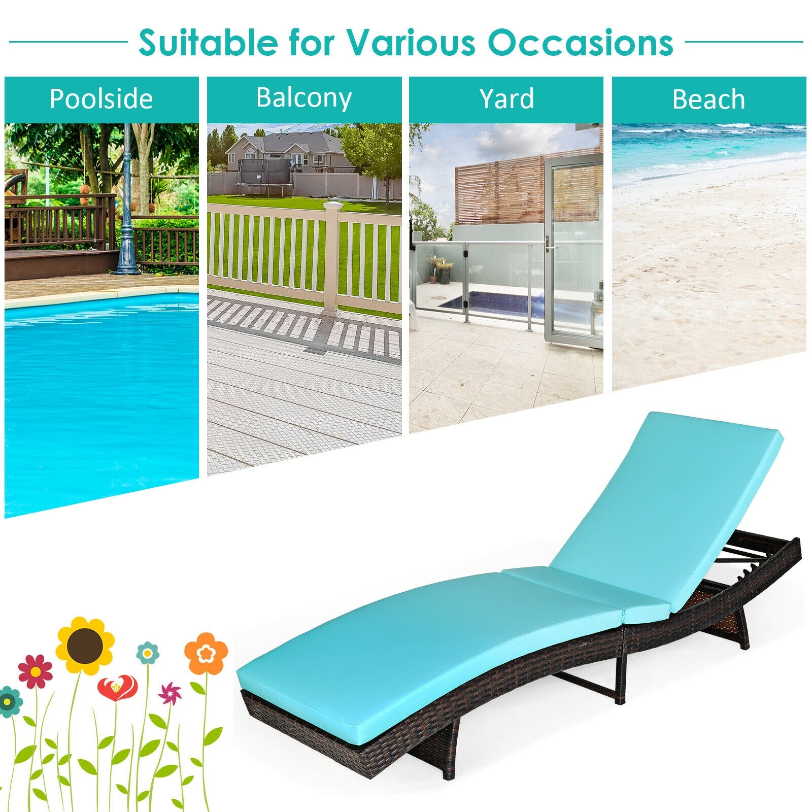 Folding Adjustable Rattan Chaise Lounge Chair with Thick Cushion placed in various outdoor settings including poolside and beach, demonstrating its versatility.