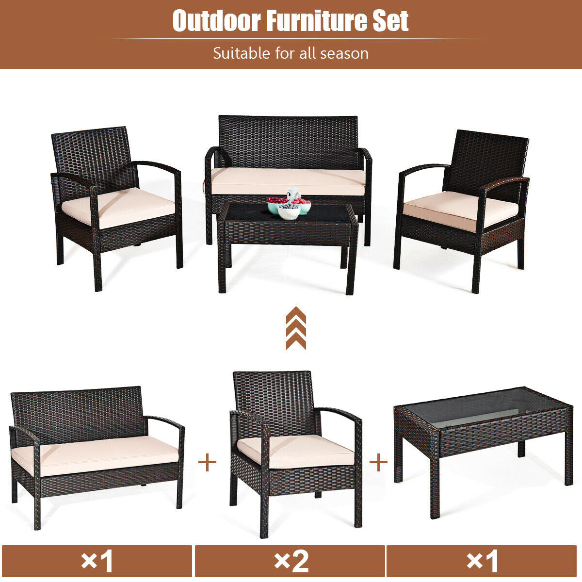 Complete view of the 4-Piece Outdoor Patio Rattan Conversation Set, including one loveseat, two single sofas, and a glass table, designed for all-season use.