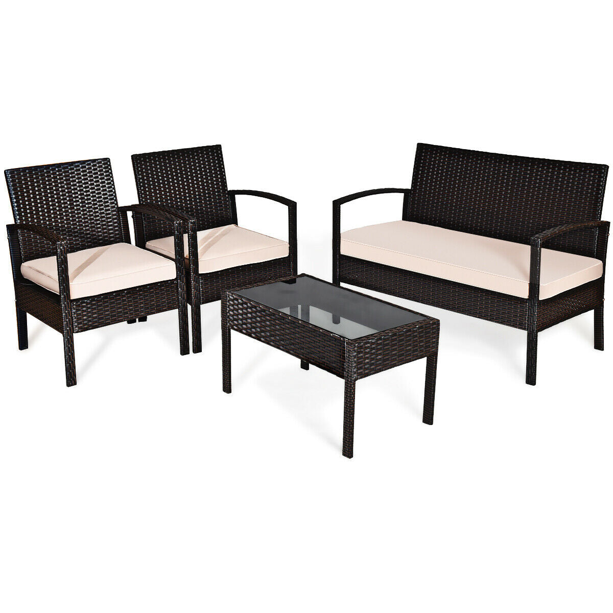 Complete view of the 4-Piece Outdoor Patio Rattan Conversation Set arranged neatly, showcasing the Loveseat, 2 Single Sofas & Glass Table with elegant design.