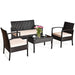 Close-up view of the 4-Piece Outdoor Patio Rattan Conversation Set featuring a Loveseat, 2 Single Sofas & Glass Table with cushions and flowers.