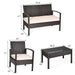 Dimensions graphic of the 4-Piece Outdoor Patio Rattan Conversation Set, illustrating the sizes of Loveseat, Single Sofas, and Glass Table.