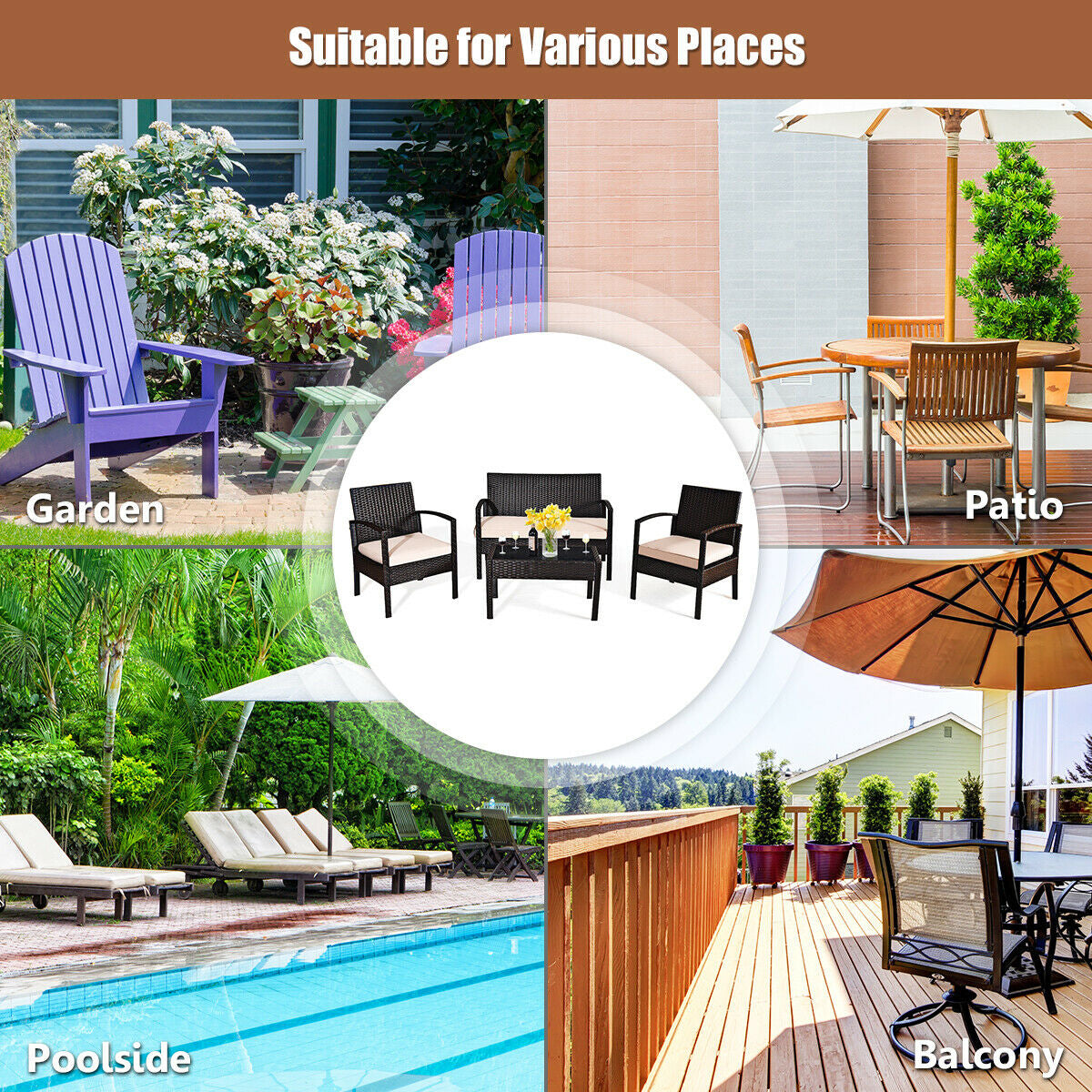 4-Piece Outdoor Patio Rattan Conversation Set displayed in a garden, highlighting its versatility for various outdoor spaces like patios and poolside.