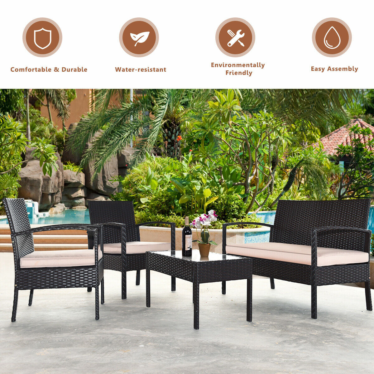 4-Piece Outdoor Patio Rattan Conversation Set displayed poolside, highlighting features like comfort, durability, and easy assembly.