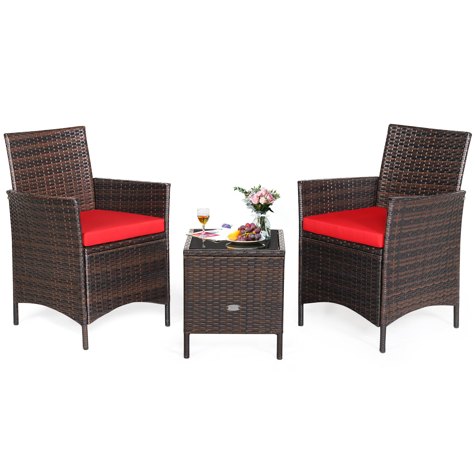 3-Piece Red Cushioned Patio Rattan Furniture Set with Glass Tabletop for Outdoor Living showcasing two stylish chairs with red cushions and a matching glass-top side table.