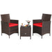 3-Piece Red Cushioned Patio Rattan Furniture Set with Glass Tabletop for Outdoor Living showcasing two stylish chairs with red cushions and a matching glass-top side table.