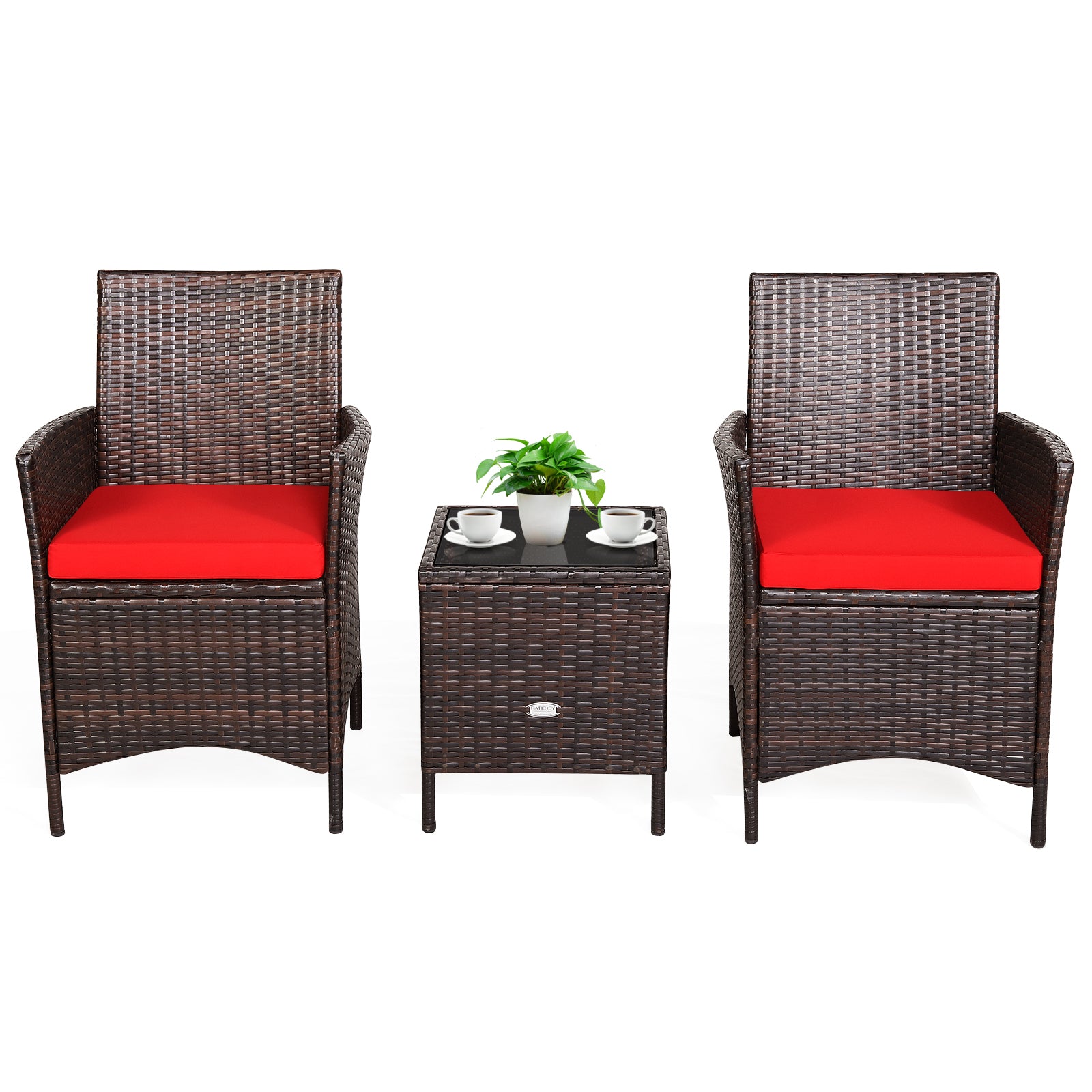 3-Piece Red Cushioned Patio Rattan Furniture Set with Glass Tabletop for Outdoor Living arranged with chairs and a side table featuring red cushions and a small plant decoration.
