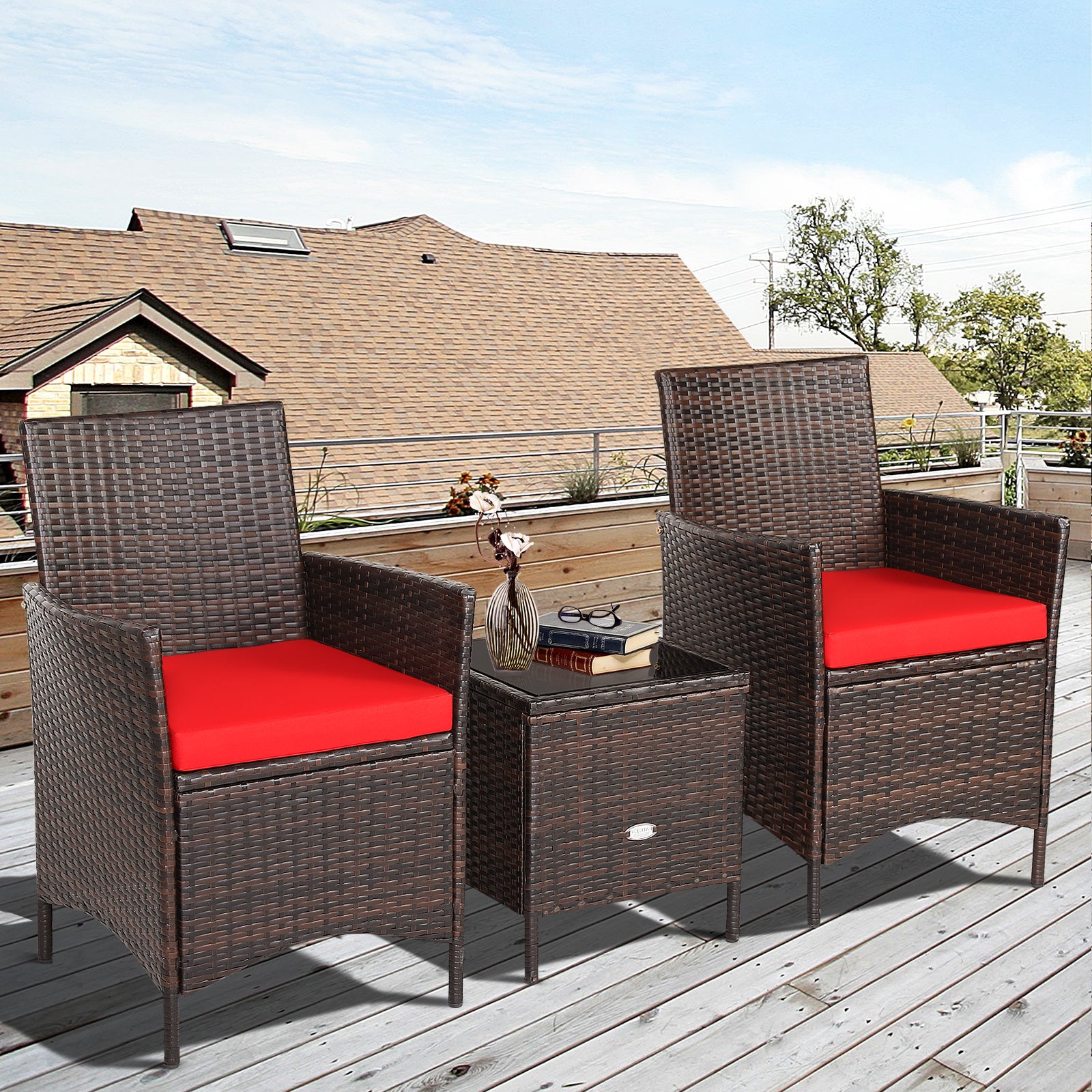 3-Piece Red Cushioned Patio Rattan Furniture Set with Glass Tabletop for Outdoor Living displayed on a porch setting, perfect for relaxing outdoors.