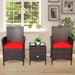 Indoor setting of the 3-Piece Red Cushioned Patio Rattan Furniture Set with Glass Tabletop for Outdoor Living, featuring potted plants and a cozy decor atmosphere.