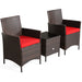3-Piece Red Cushioned Patio Rattan Furniture Set with Glass Tabletop for Outdoor Living, featuring two chairs with vibrant red cushions and a sleek glass top side table.