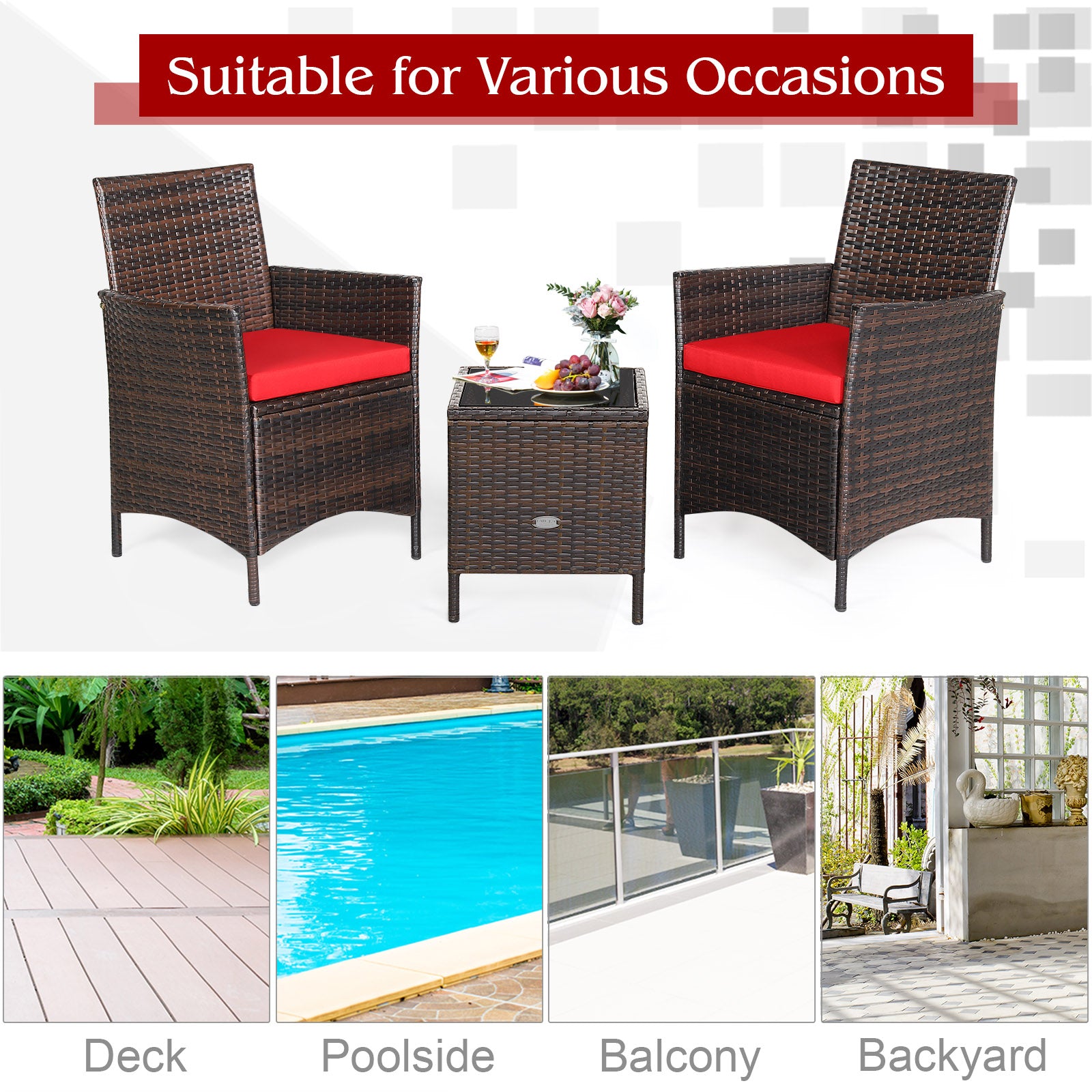 3-Piece Red Cushioned Patio Rattan Furniture Set with Glass Tabletop for Outdoor Living, perfect for various outdoor occasions shown in a patio, deck, poolside, and balcony setting.