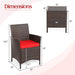 Dimensions of the 3-Piece Red Cushioned Patio Rattan Furniture Set with Glass Tabletop for Outdoor Living, detailing sizes of the chairs and table for optimal fit.