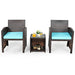 Casual display of the 3-Piece Outdoor PE Rattan Wicker Furniture Set with Turquoise Cushions & Coffee Table, featuring two chairs and a stylish table with refreshments.