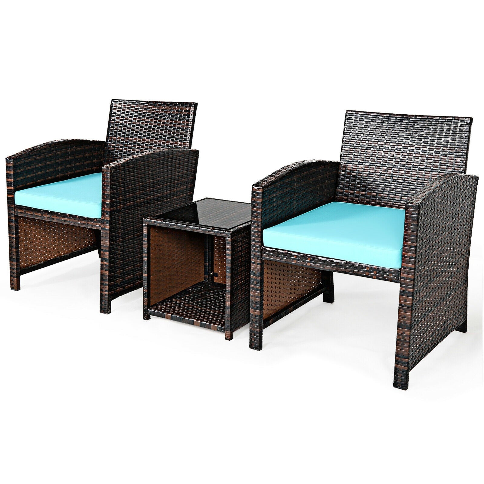 3-Piece Outdoor PE Rattan Wicker Furniture Set featuring two stylish chairs with turquoise cushions and a modern coffee table, perfect for any patio or garden.
