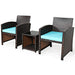 3-Piece Outdoor PE Rattan Wicker Furniture Set featuring two stylish chairs with turquoise cushions and a modern coffee table, perfect for any patio or garden.