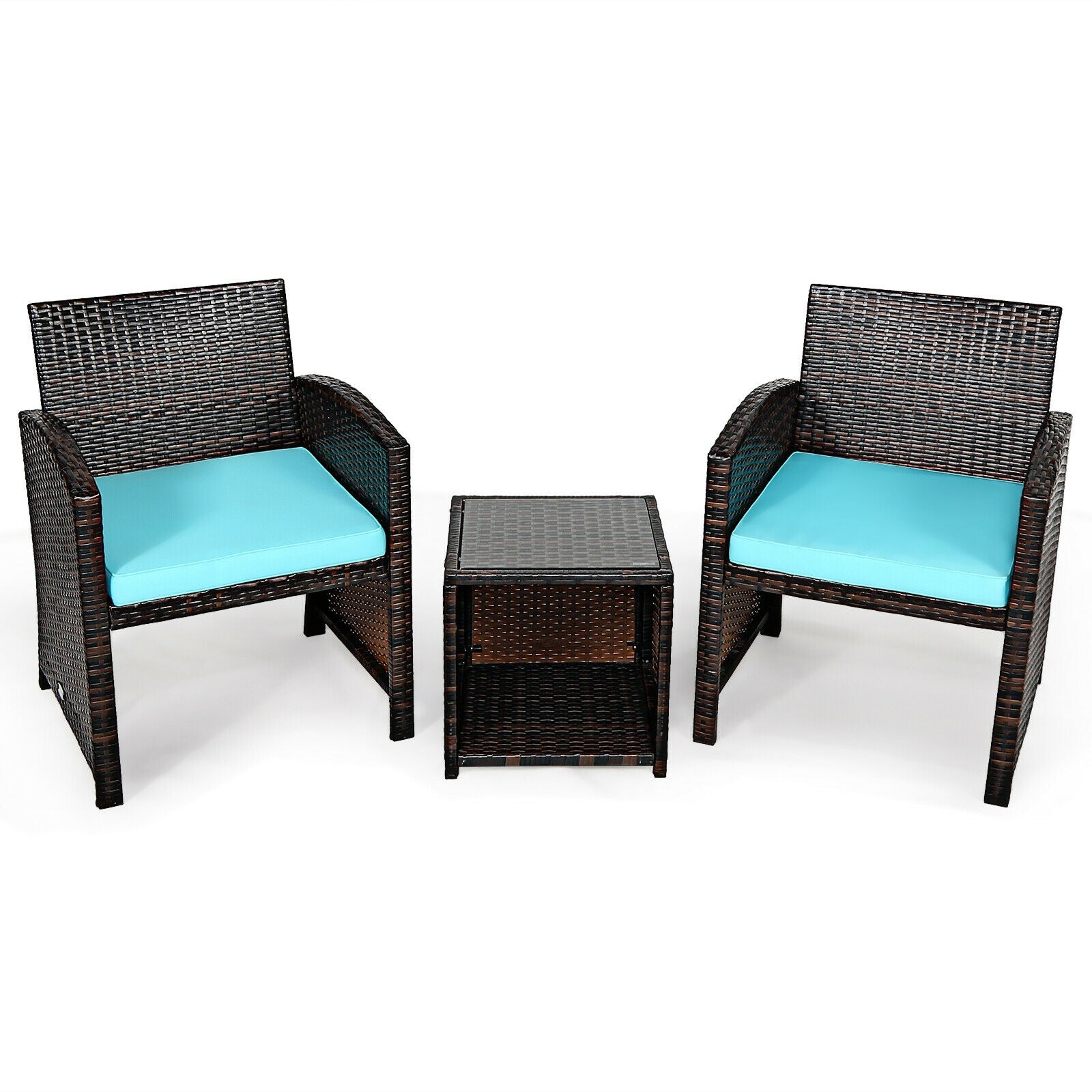 3-Piece Outdoor PE Rattan Wicker Furniture Set with Turquoise Cushions & Coffee Table displayed with two wicker chairs and a table, perfect for gardens and patios.