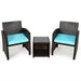 3-Piece Outdoor PE Rattan Wicker Furniture Set with Turquoise Cushions & Coffee Table displayed with two wicker chairs and a table, perfect for gardens and patios.