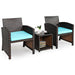Stylish 3-Piece Outdoor PE Rattan Wicker Furniture Set with Turquoise Cushions & Coffee Table, showing two chairs, a coffee table, and decorative items.