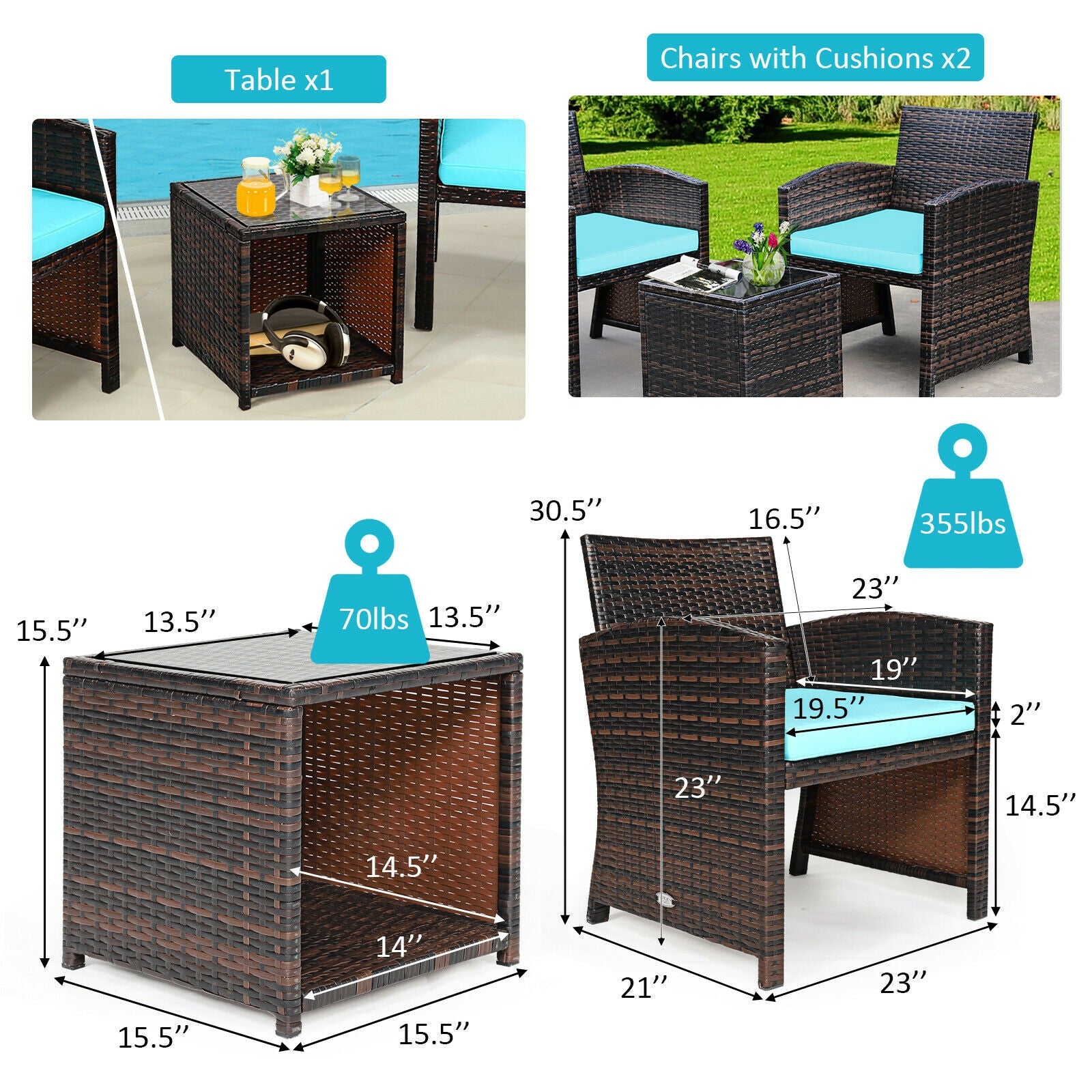 Dimensions and features of the 3-Piece Outdoor PE Rattan Wicker Furniture Set with Turquoise Cushions & Coffee Table, illustrated with measurements and weight capacity details.