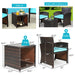 Dimensions and features of the 3-Piece Outdoor PE Rattan Wicker Furniture Set with Turquoise Cushions & Coffee Table, illustrated with measurements and weight capacity details.