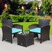 3-Piece Outdoor PE Rattan Wicker Furniture Set with Turquoise Cushions & Coffee Table in a lush garden setting, showcasing its stylish and inviting design.