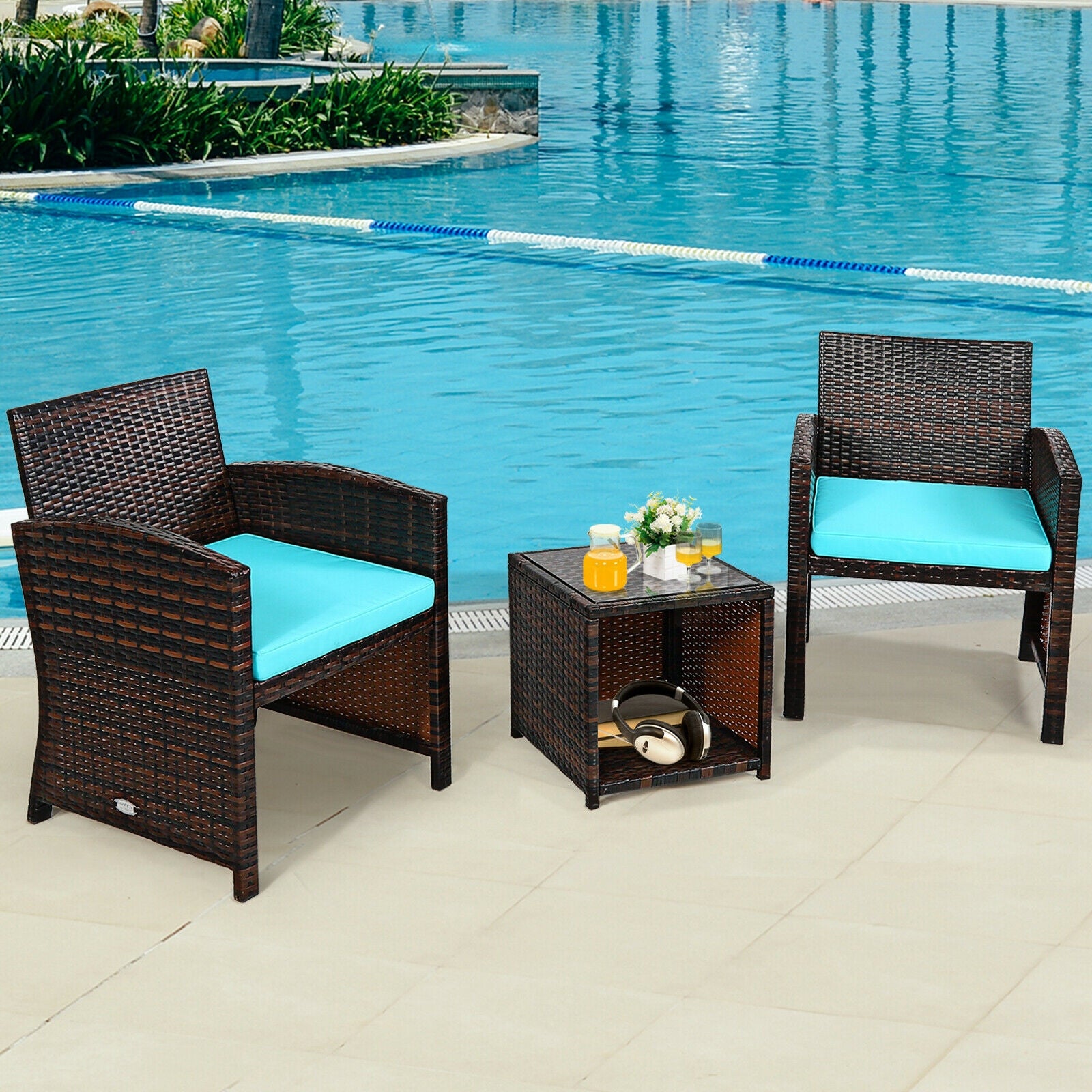 3-Piece Outdoor PE Rattan Wicker Furniture Set with Turquoise Cushions & Coffee Table by Dream Yard Oasis, featuring two wicker chairs and a coffee table by a sparkling pool.