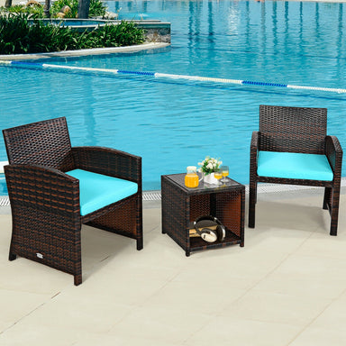 3-Piece Outdoor PE Rattan Wicker Furniture Set with Turquoise Cushions & Coffee Table by Dream Yard Oasis, featuring two wicker chairs and a coffee table by a sparkling pool.