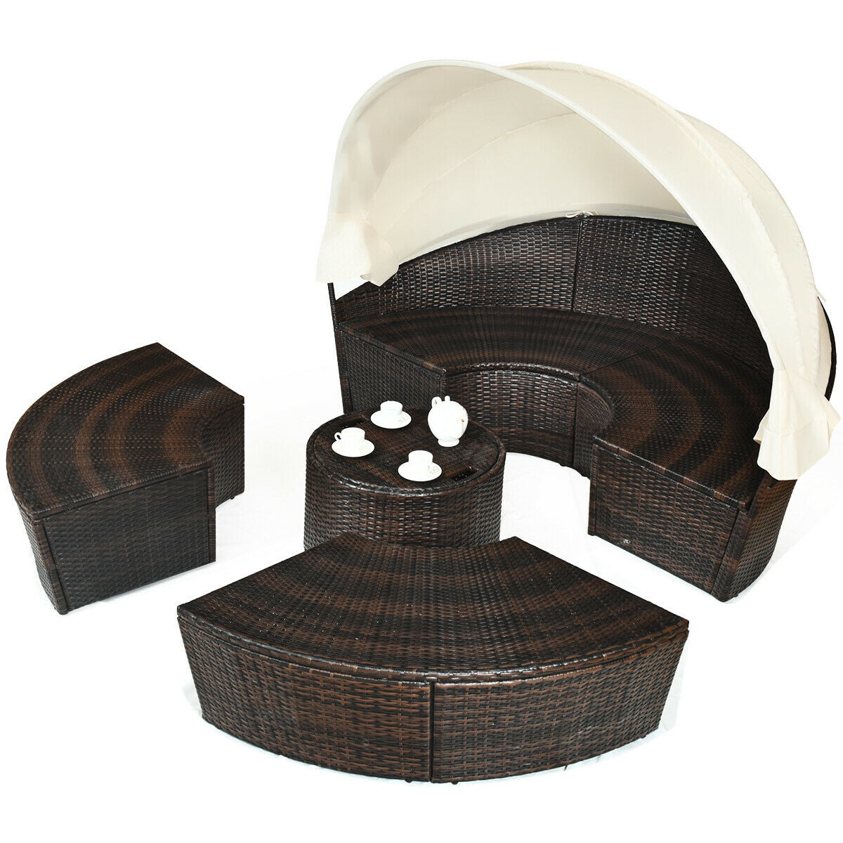 Spacious 5-Piece Patio Round Daybed Set with Canopy, Cushions & Adjustable Coffee Table by Dream Yard Oasis ™, showcasing a modern design with multiple seating options and a retractable canopy for shade, perfect for outdoor lounging.