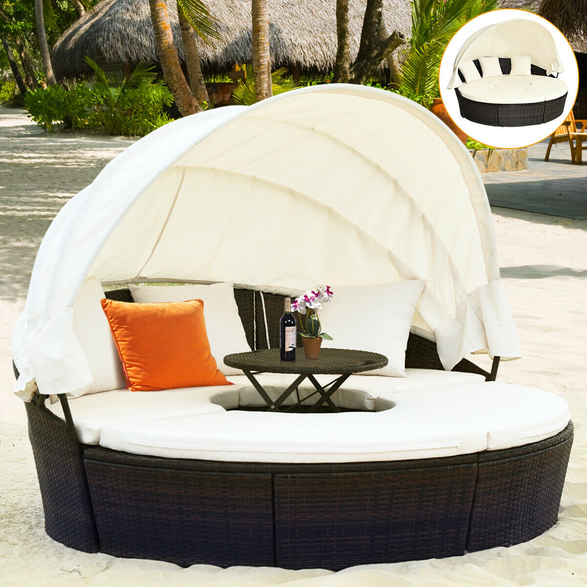 Spacious 5-Piece Patio Round Daybed Set with Canopy, Cushions & Adjustable Coffee Table by Dream Yard Oasis ™, featuring a stylish round daybed with a retractable canopy, soft cushions, and a coffee table, ideal for relaxing outdoors.