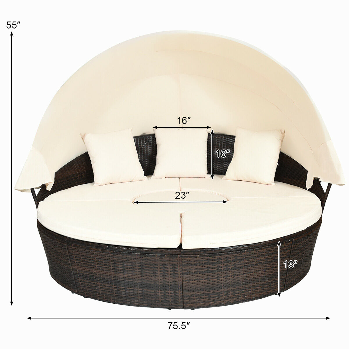 Spacious 5-Piece Patio Round Daybed Set with Canopy, Cushions & Adjustable Coffee Table from Dream Yard Oasis ™, highlighting an elegant design, dimensions, and features like removable cushions and a protective canopy.