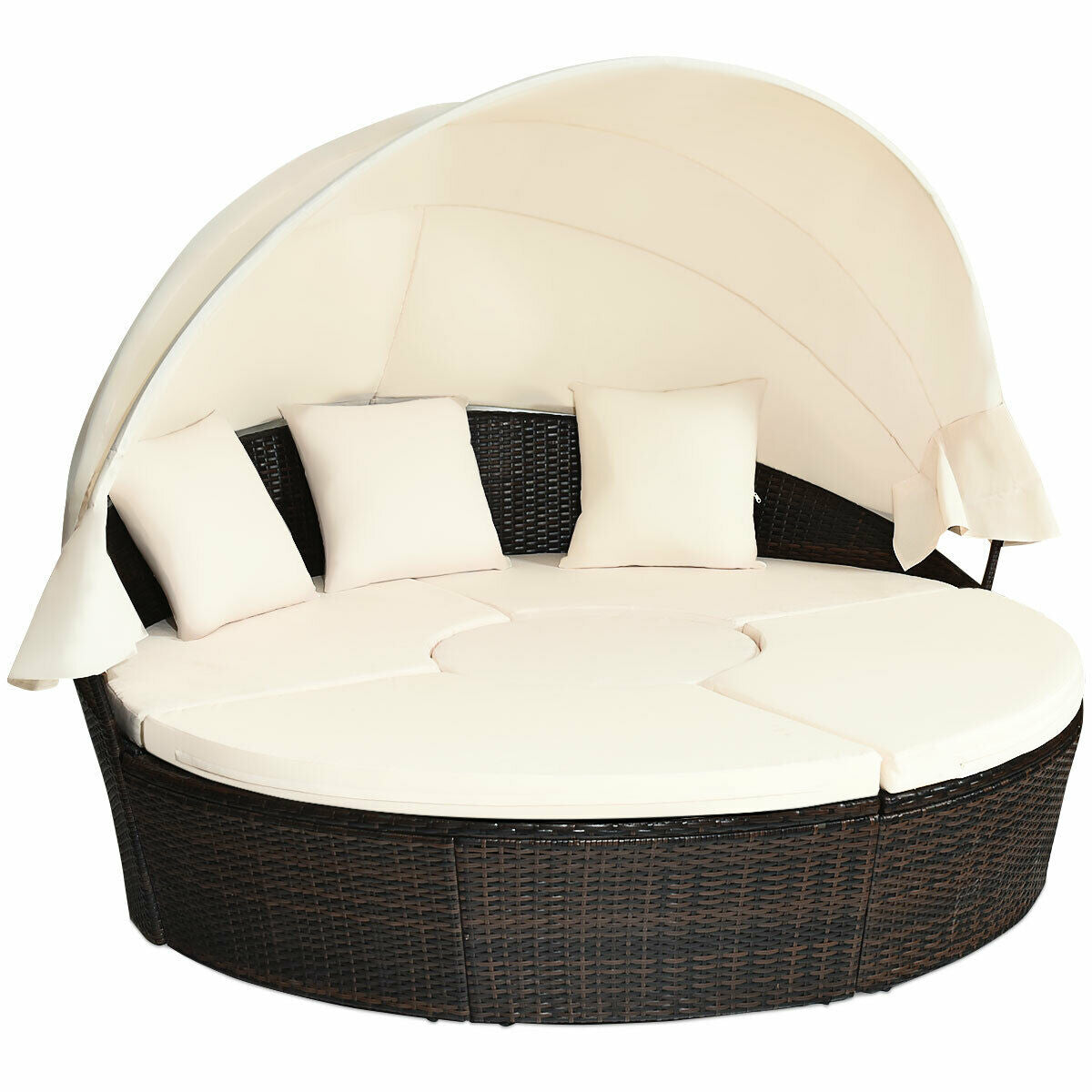 Spacious 5-Piece Patio Round Daybed Set with Canopy, Cushions & Adjustable Coffee Table from Dream Yard Oasis ™, showcasing a rounded design with plush pillows and a retractable canopy for sun protection.