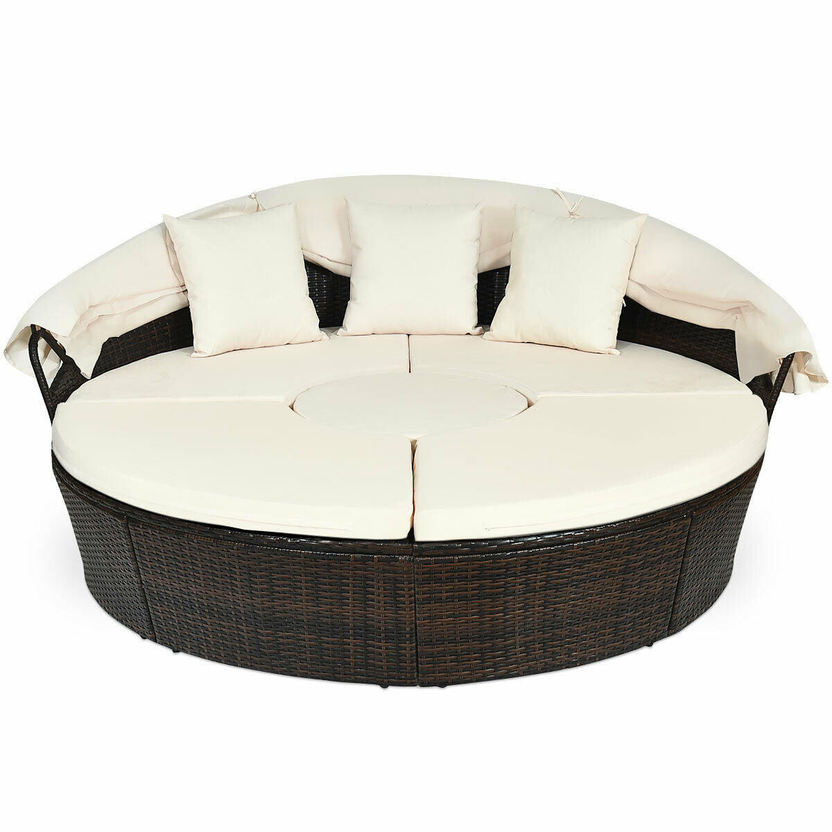 Spacious 5-Piece Patio Round Daybed Set with Canopy, Cushions & Adjustable Coffee Table from Dream Yard Oasis ™, arranged in a cozy setting with cushions and a durable canopy, perfect for outdoor relaxation.