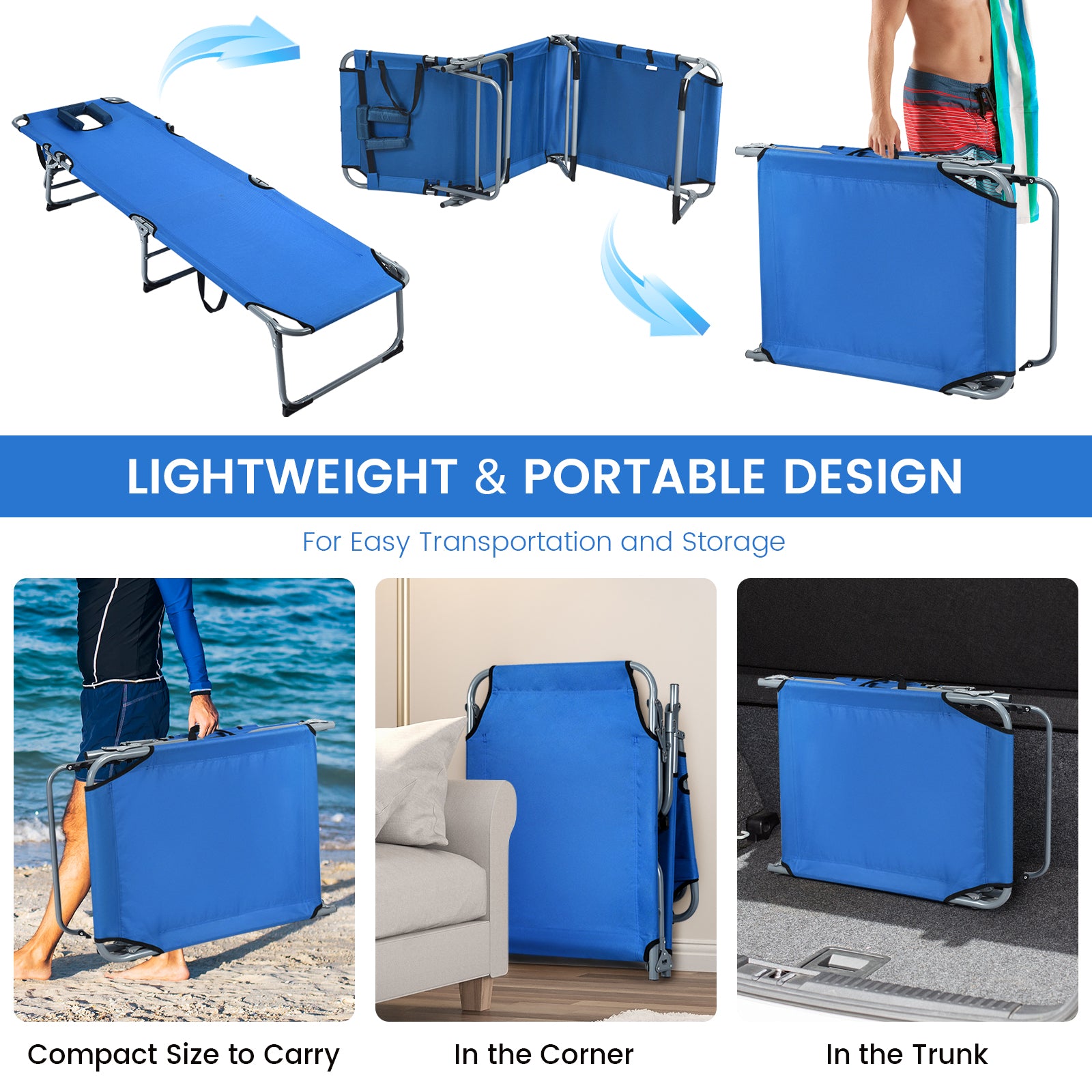 Lightweight and portable design of the Lightweight Folding Chaise Lounge Chair with 5 Positions & Face Hole - Blue Outdoor Essential, demonstrating easy transportation and compact storage options.
