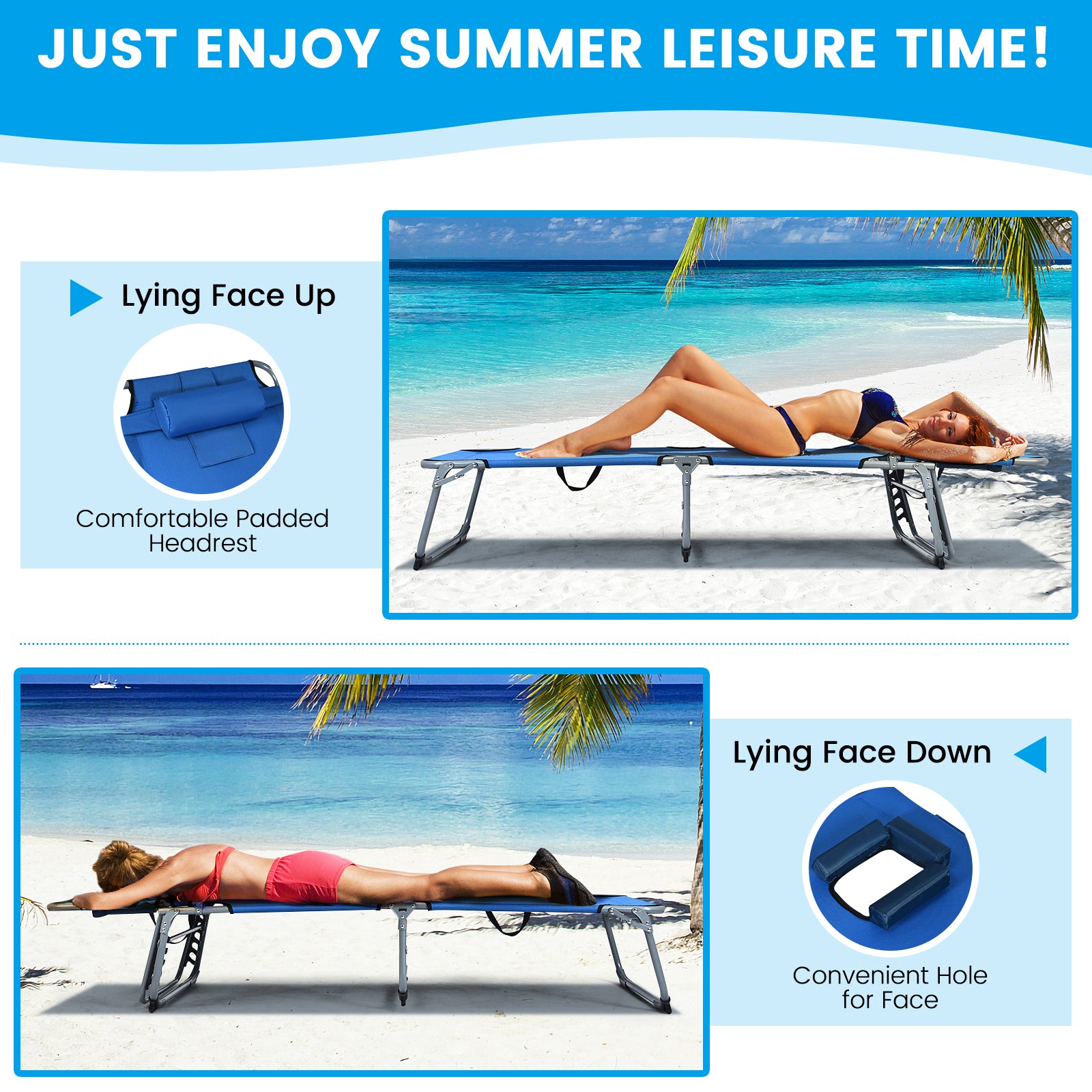Enjoying summer leisure time with the Lightweight Folding Chaise Lounge Chair with 5 Positions & Face Hole - Blue Outdoor Essential, featuring both lying face up and face down options.