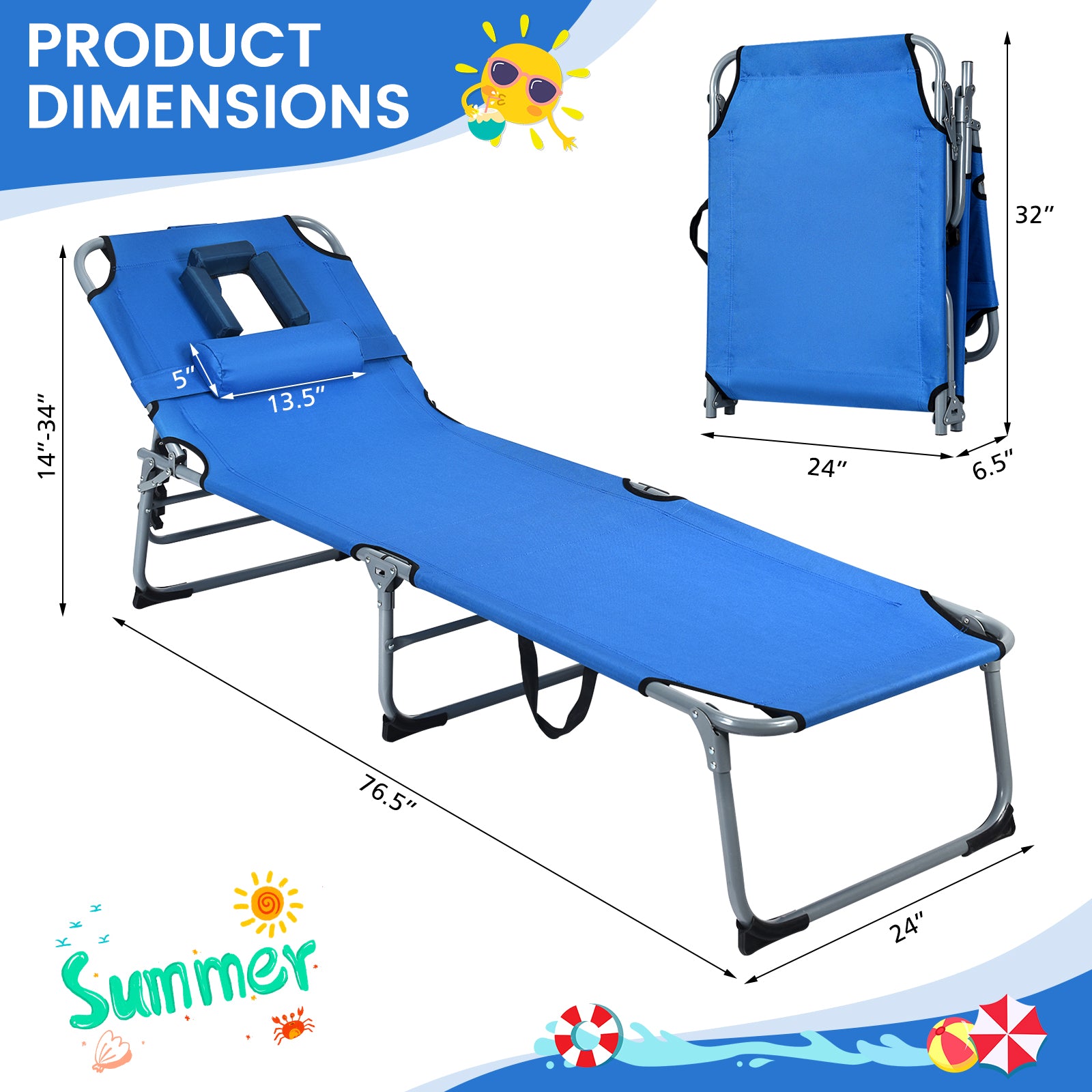 Lightweight Folding Chaise Lounge Chair with 5 Positions & Face Hole - Blue Outdoor Essential with product dimensions shown alongside its folded configuration for easy transport.