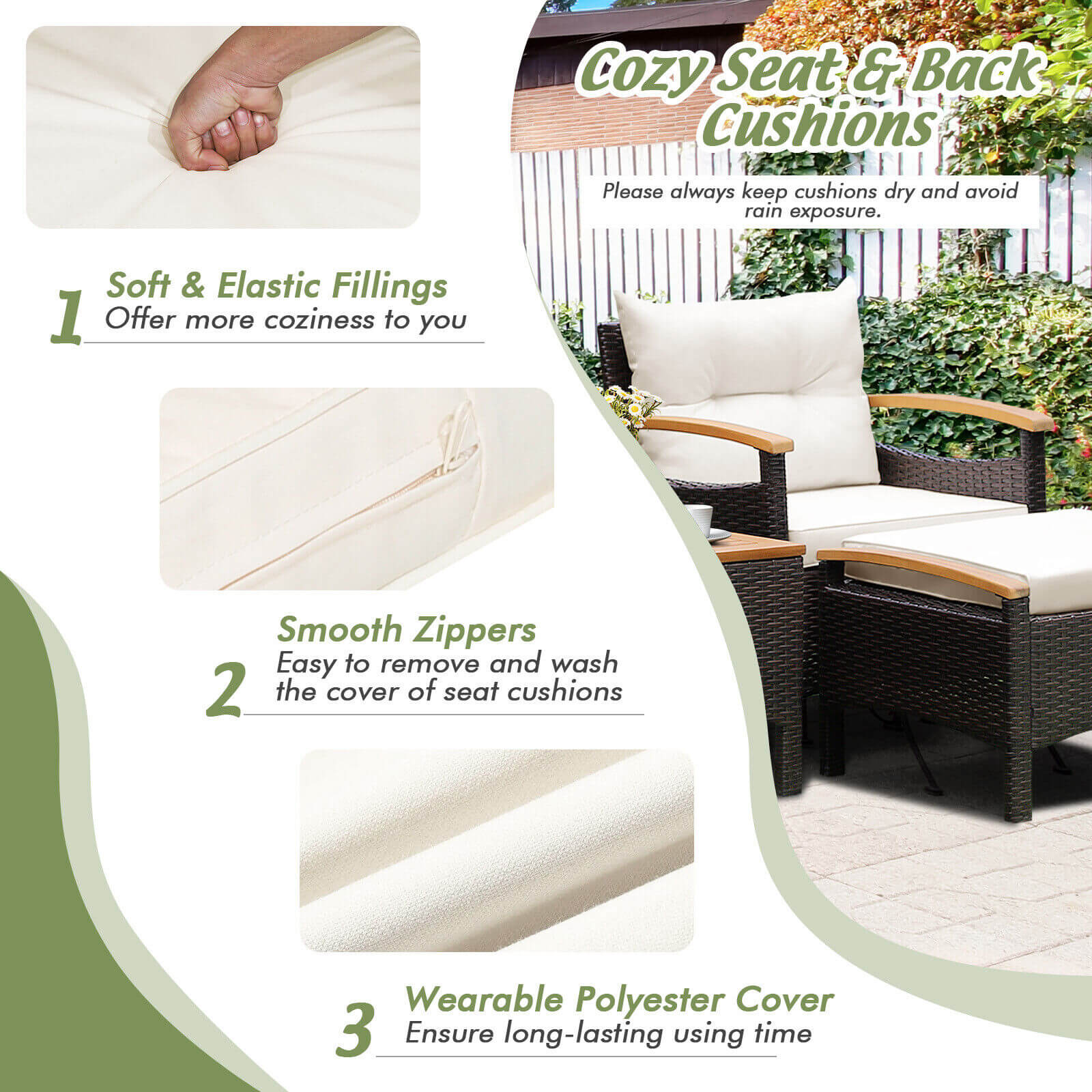 5-Piece Patio Conversation Set with Cushions: Showcasing soft seat cushions with zippers for easy cleaning and long-lasting comfort.