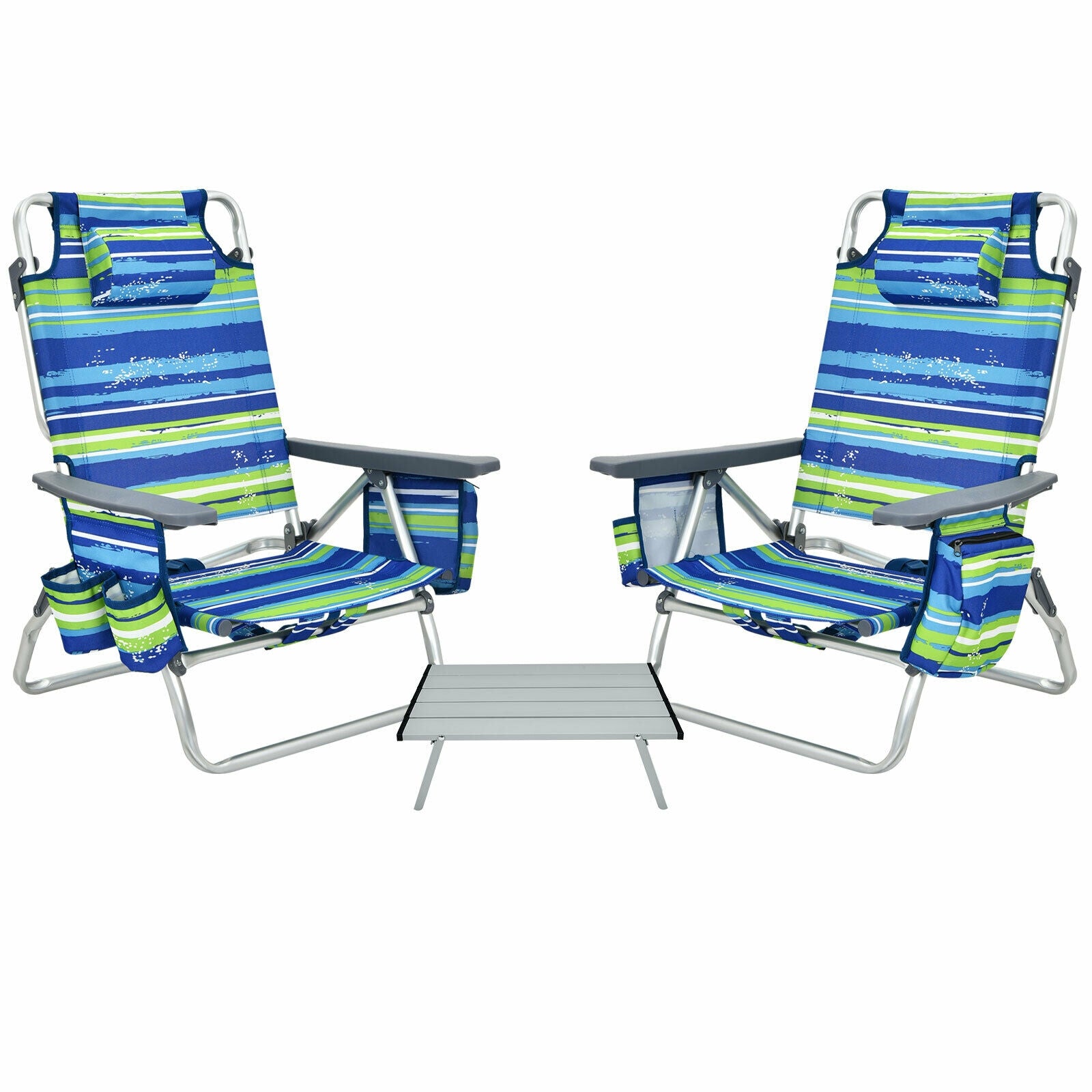 Product display of Dream Yard Oasis 2-Pack 5-Position Folding Beach Chairs with Table, highlighting the vibrant blue and green striped fabric and robust aluminum frame.