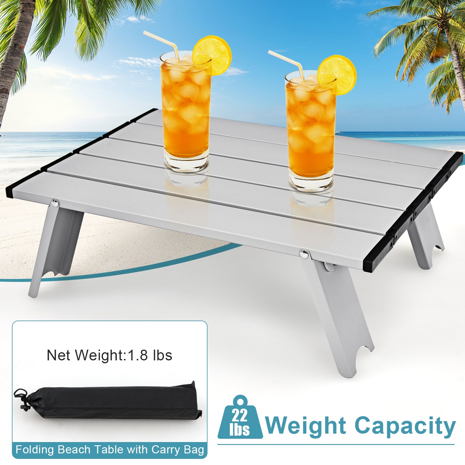 Dream Yard Oasis 2-Pack 5-Position Folding Beach Chairs with Table - Portable & Adjustable Comfort - Blue. A stylish portable beach table set up with drinks on the sandy beach.