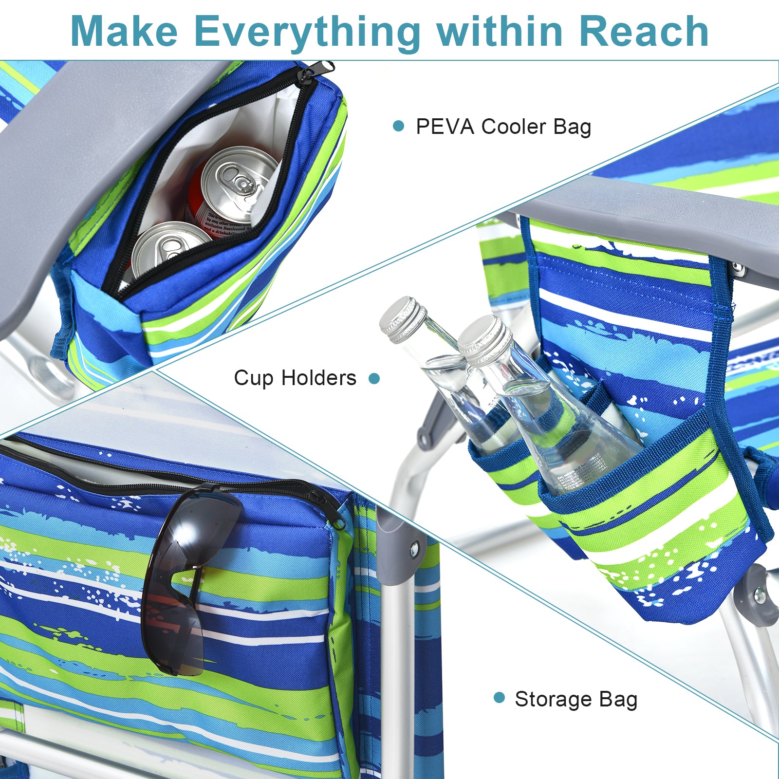 Dream Yard Oasis 2-Pack 5-Position Folding Beach Chairs with Table - Portable & Adjustable Comfort - Blue. Close-up of the chair's storage features including cup holders and cooler bag.