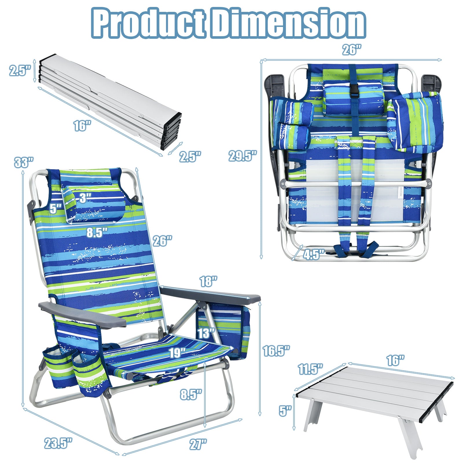 Dimensions of Dream Yard Oasis 2-Pack 5-Position Folding Beach Chairs with Table outlined, showcasing their portable and adjustable features for ultimate outdoor comfort.